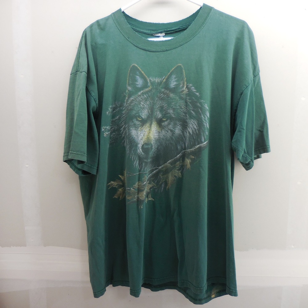 Vintage Wolf Graphic T-Shirt Forest Green Distressed Nature Tee XL